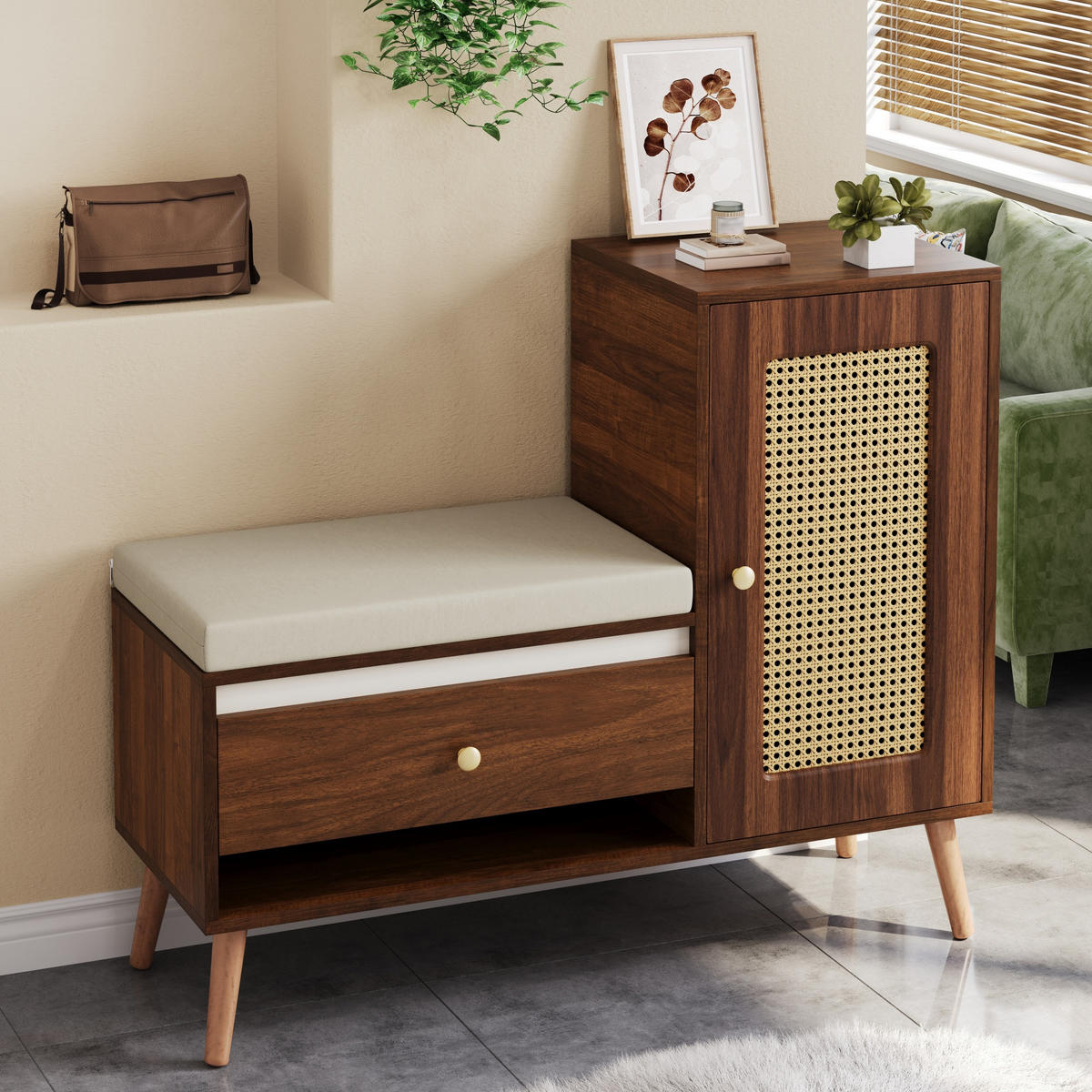 SCHUHSCHRANK Rattan Bank Schubladen Sitz - Nussbaumfarben, Holz (95.5/80.5/35cm) - LEBENLANG