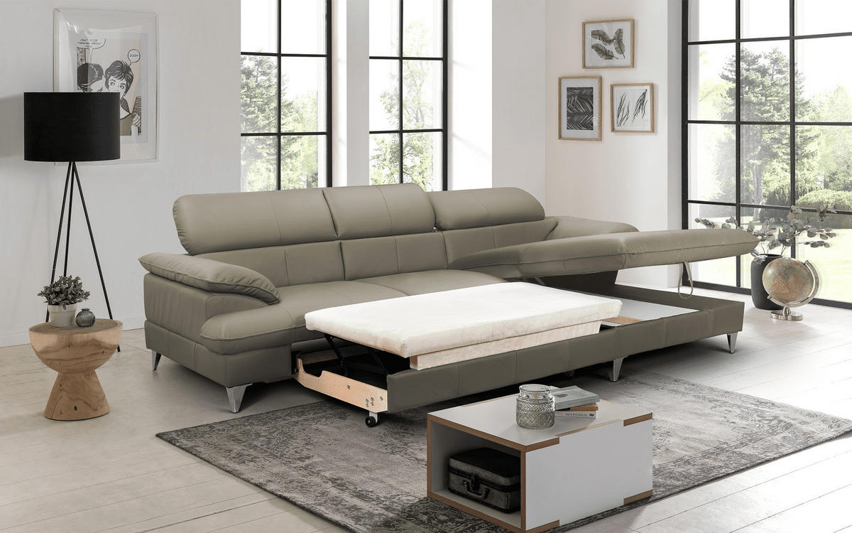 ECKSOFA mit Schlaffunktion und Bettkasten, Echtleder - Chromfarben/Hellgrau, Leder/Holz (167/254cm) - Cotta