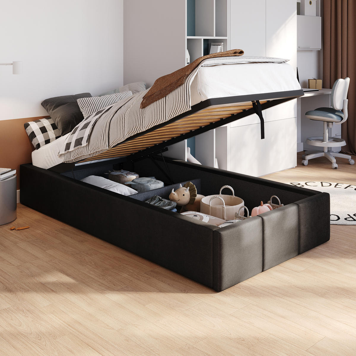 POLSTERBETT für Schlafzimmer Bett mit Stauraum Schwarz 90x200cm - Schwarz, Holzwerkstoff/Textil (90/200cm) - Muralo