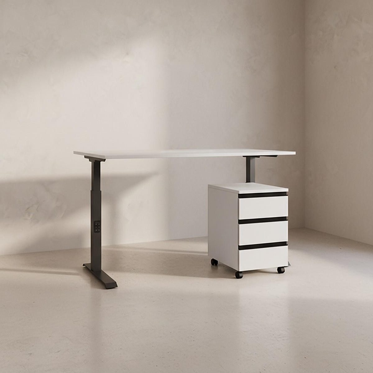 BÜROMÖBEL Set 2-teilig | Schreibtisch 160x80cm & Rollcontainer Greige/Schwarz | Einstellbar 68-91 cm & Soft-Close - Beige, Holzwerkstoff/Metall (80/215/91cm) - KADIMA DESIGN