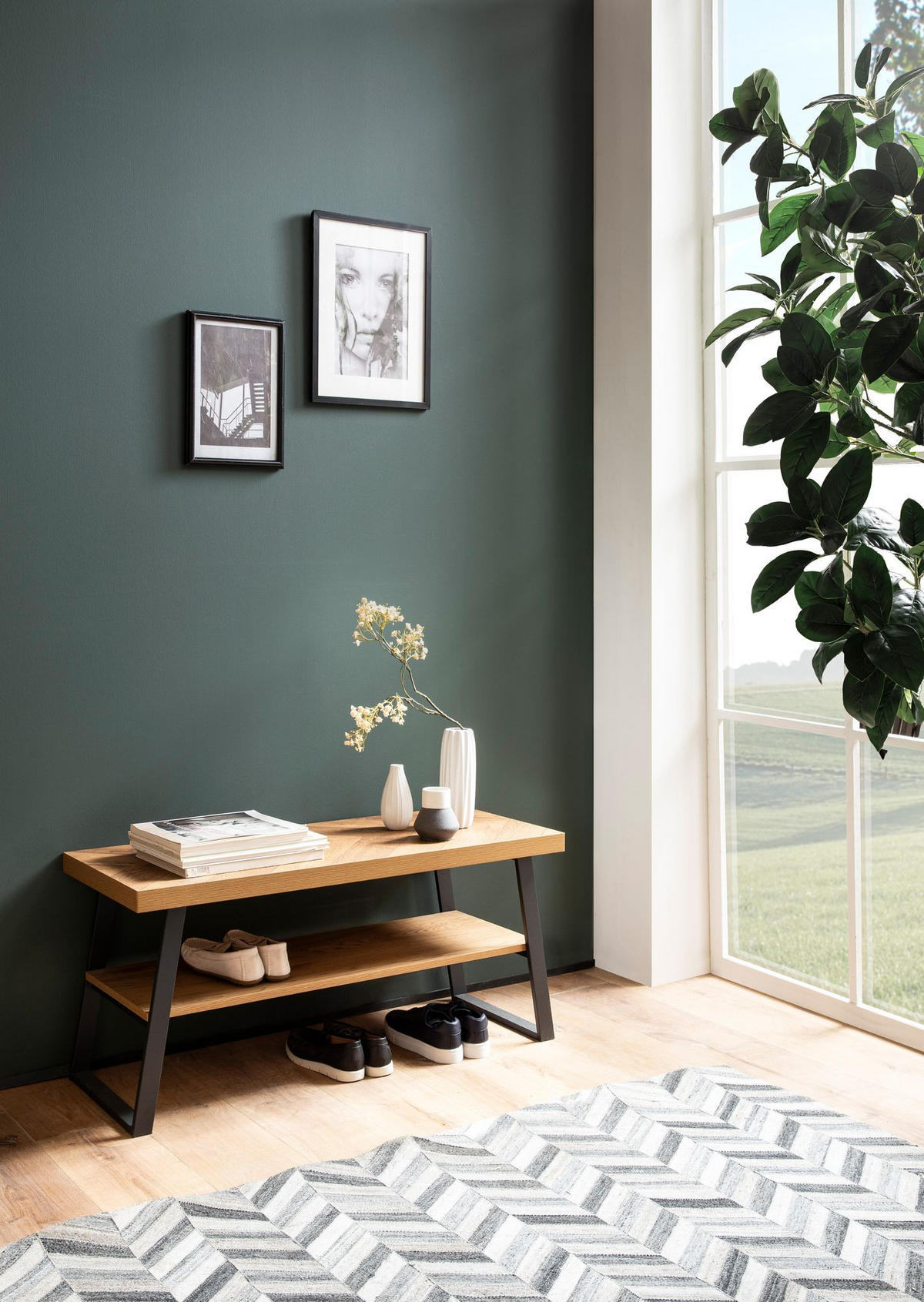 SCHUHBANK – 100x41x40 cm, Eiche-Dekor, Fischgrät, mit Ablage - Schwarz/Braun, Holz/Holzwerkstoff (100/41/40cm) - KADIMA DESIGN