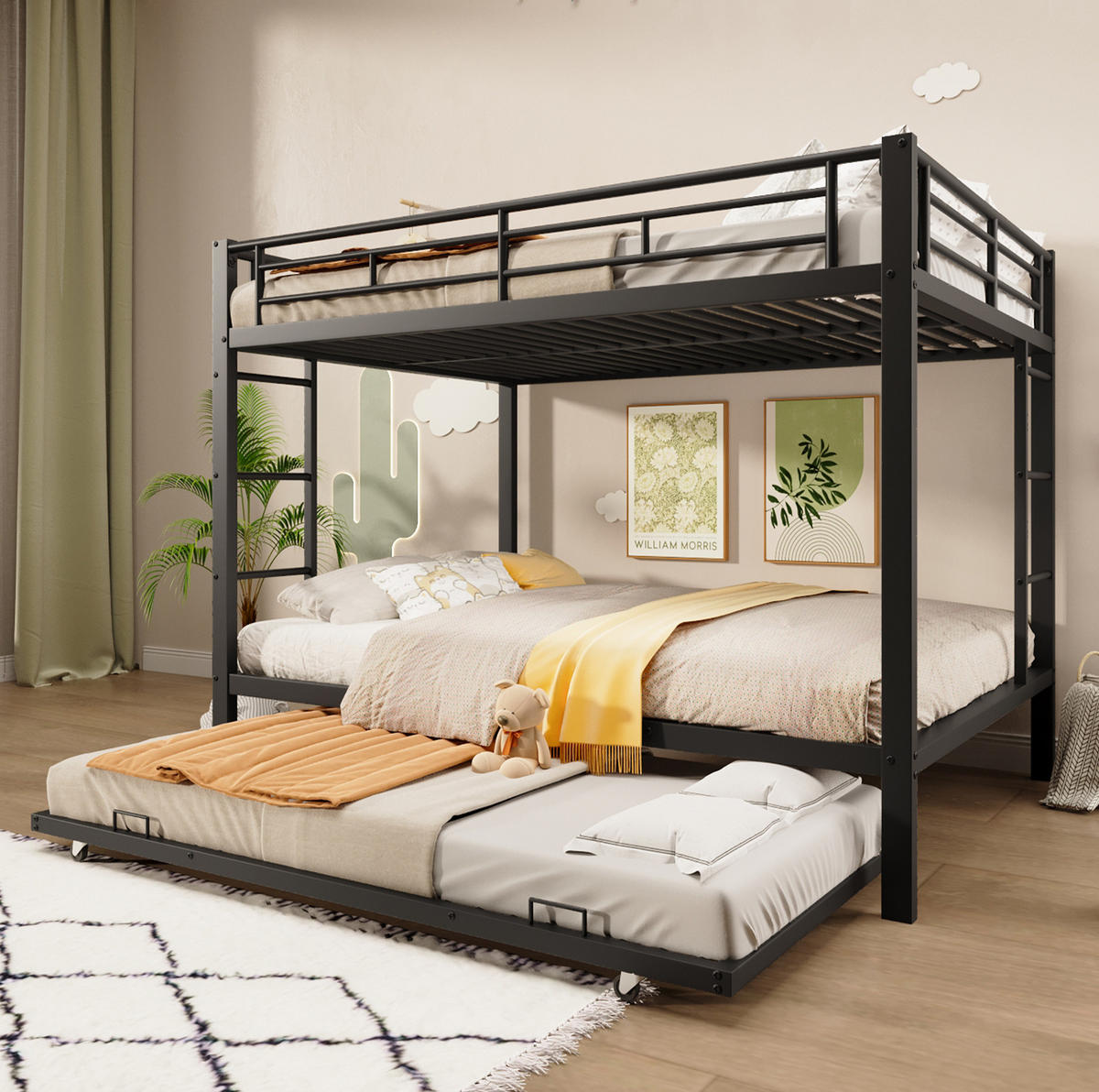 ETAGENBETT aus Metall 140x200 cm Schwarz mit Ausziehbett und hohen Geländern - Schwarz, Metall (140/200cm) - IVMEU