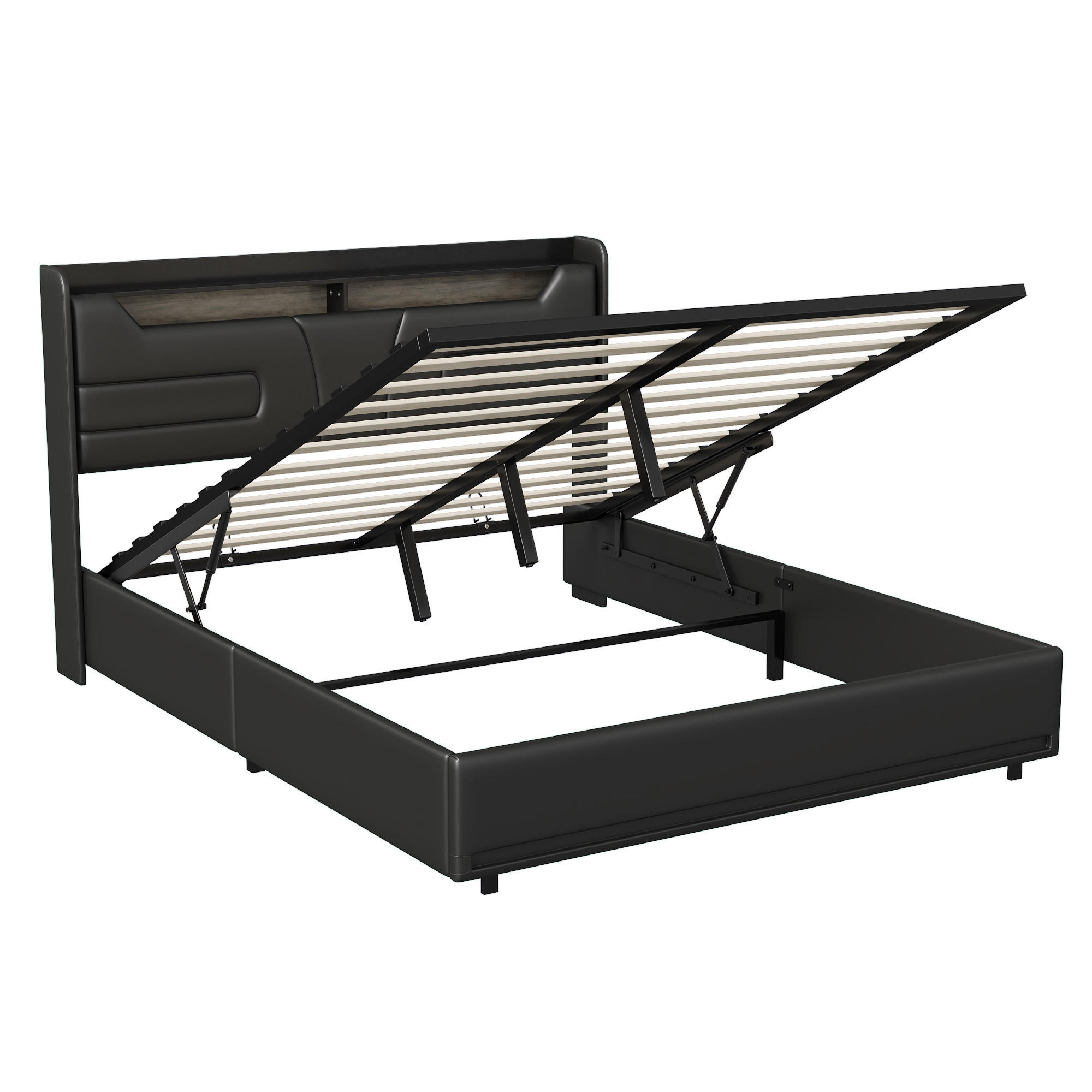 POLSTERBETT 160x200 cm mit LED, USB, Stauraum, PU, Schwarz - Schwarz, Metall (160/200cm)