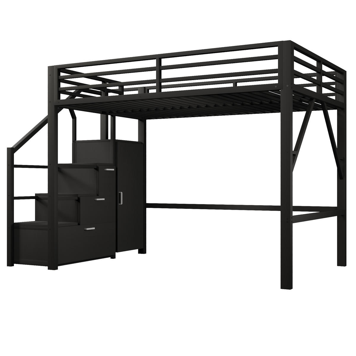 HOCHBETT 140/200 cm in Schwarz mit Kleiderschrank, Staufächern und LED aus Metall im geradlinigen Design - Schwarz, Holzwerkstoff/Metall (140/200cm) - STILVORA