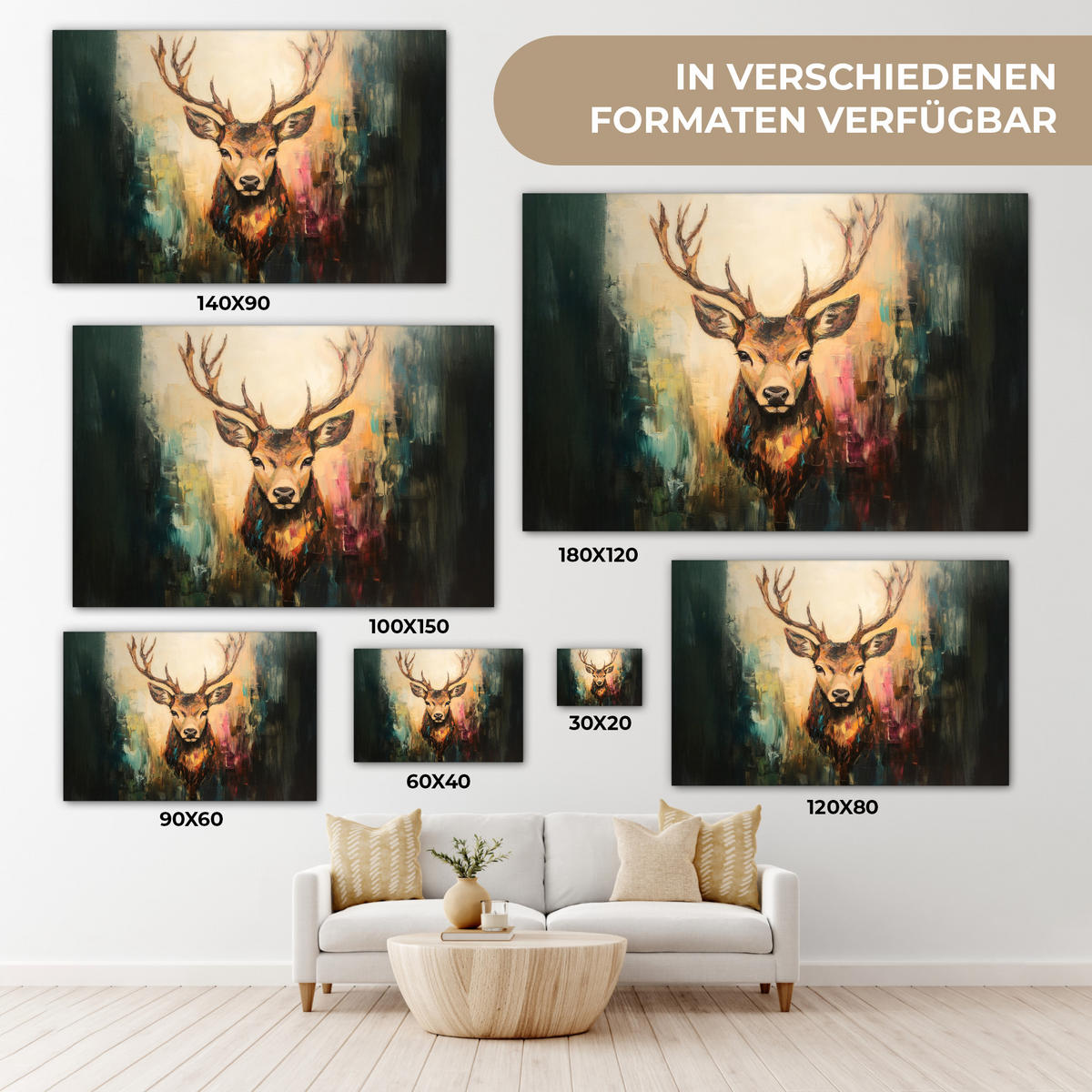 LEINWANDBILD Hirsch - Gemalt - Geweih - Braun Groß 140x90 cm - Haselnussfarben, Textil (140/90cm) - MuchoWow