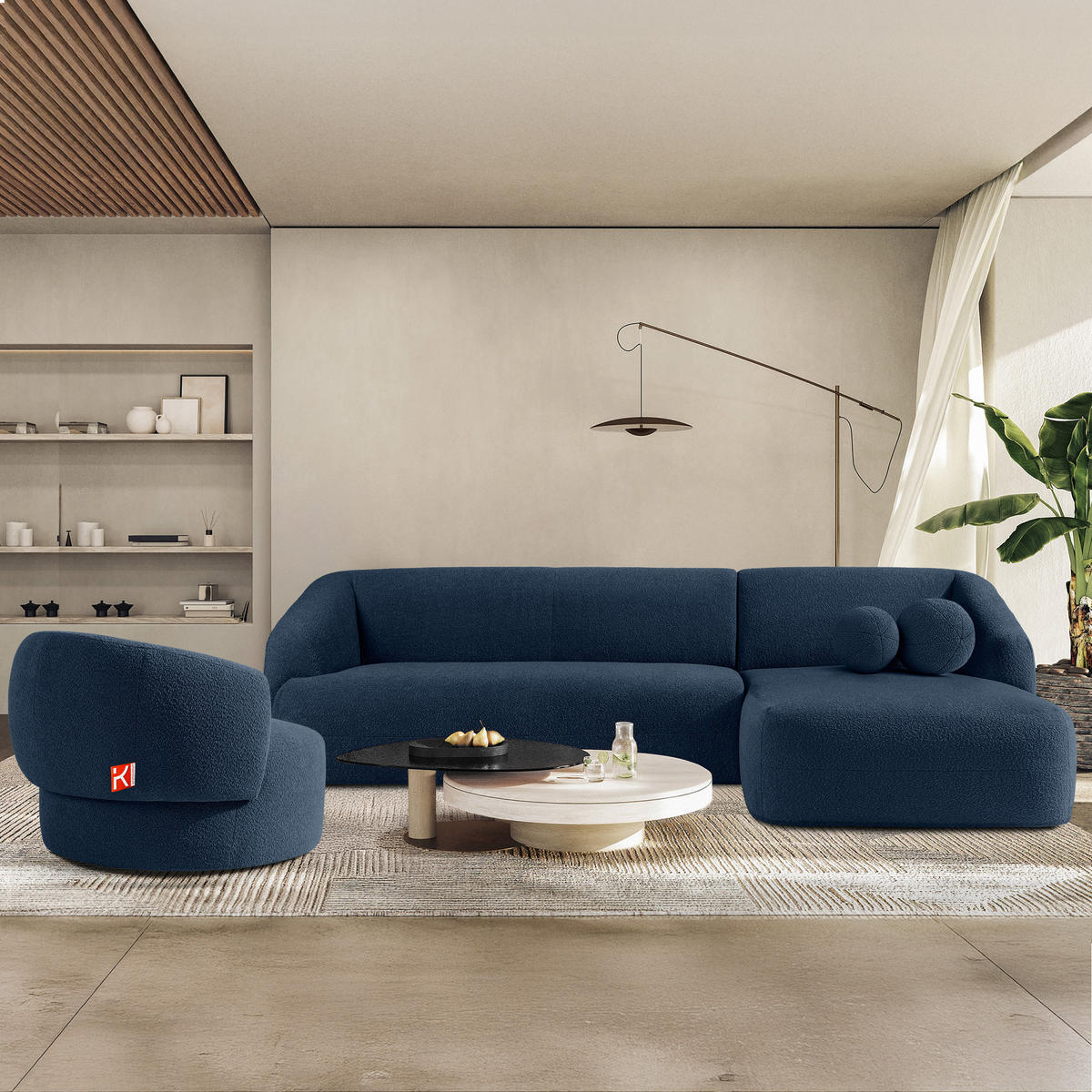 ECKSOFA RECHTS VIRA, Marineblau, Bouclé - Schwarz/Dunkelblau, Holz/Holzwerkstoff (300/160cm) - KONSIMO®