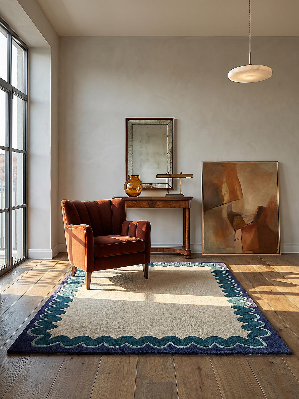 TEPPICH aus Wolle, handgetuftet, WAVENEY, in Petrol, Zickzack-Wellenbordüre, 140 x 200 cm - Türkis, Textil (140/200cm) - KADIMA DESIGN