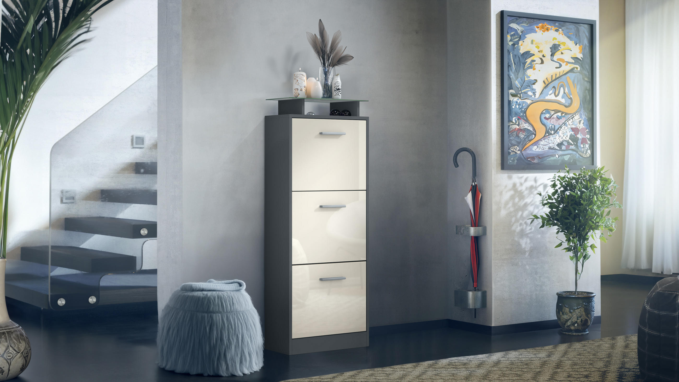 SCHUHSCHRANK Lavia Front in Creme Hochglanz - Creme, Holzwerkstoff (46/128/23cm) - Vladon
