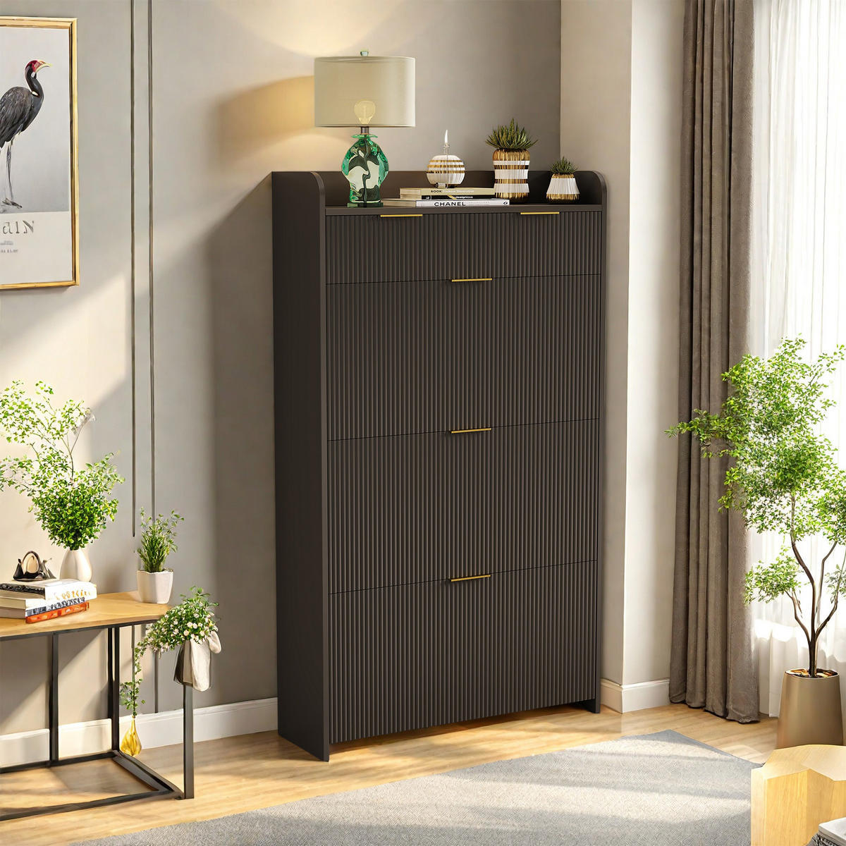 SCHUHSCHRANK mit 3 Fächern und 2 Schubladen, Eingangsmöbel, Schwarz - Schwarz, Holz (24/133/77cm) - GENKI LIVING