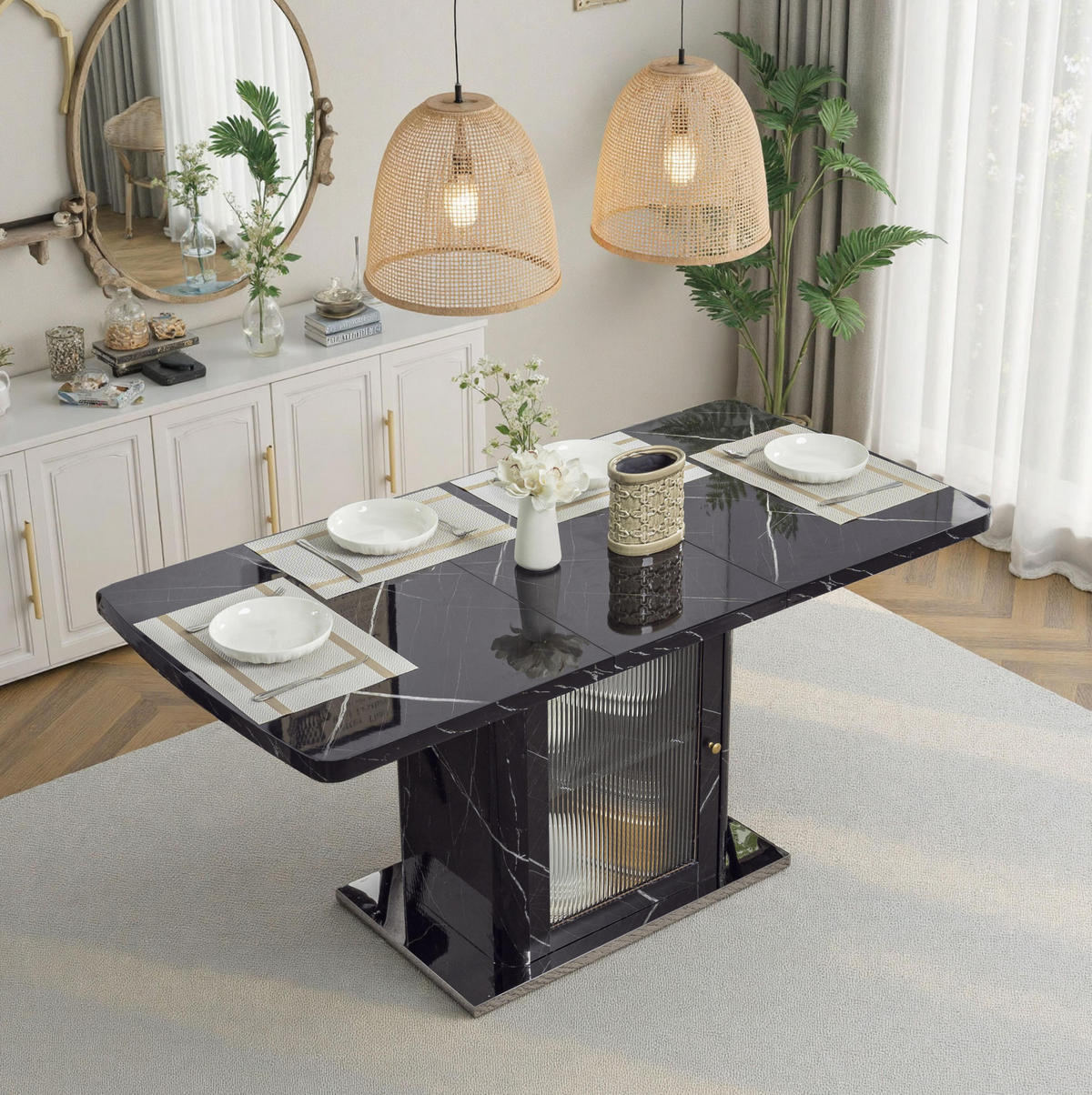 ESSTISCH 120-160/76/80 cm Schwarz aus Glas, MDF und Stahl mit Stauraum und Ausziehfunktion - Schwarz, Glas (160/80/76cm) - OKMYHOME