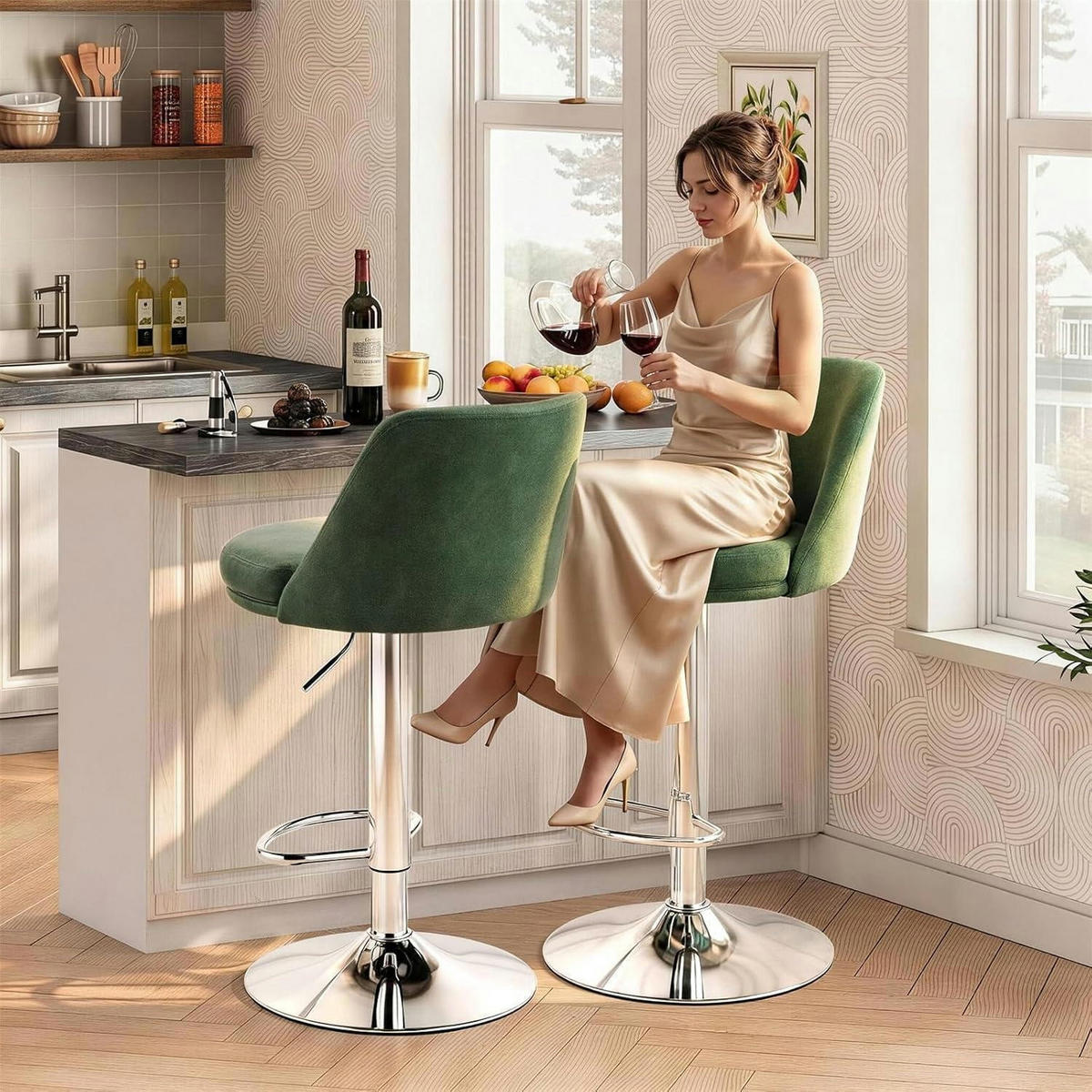 BARHOCKER 2er Set PU-Leder Dunkelgrün Höhenverstellbar - Grün, Kunststoff (48/85/45cm)