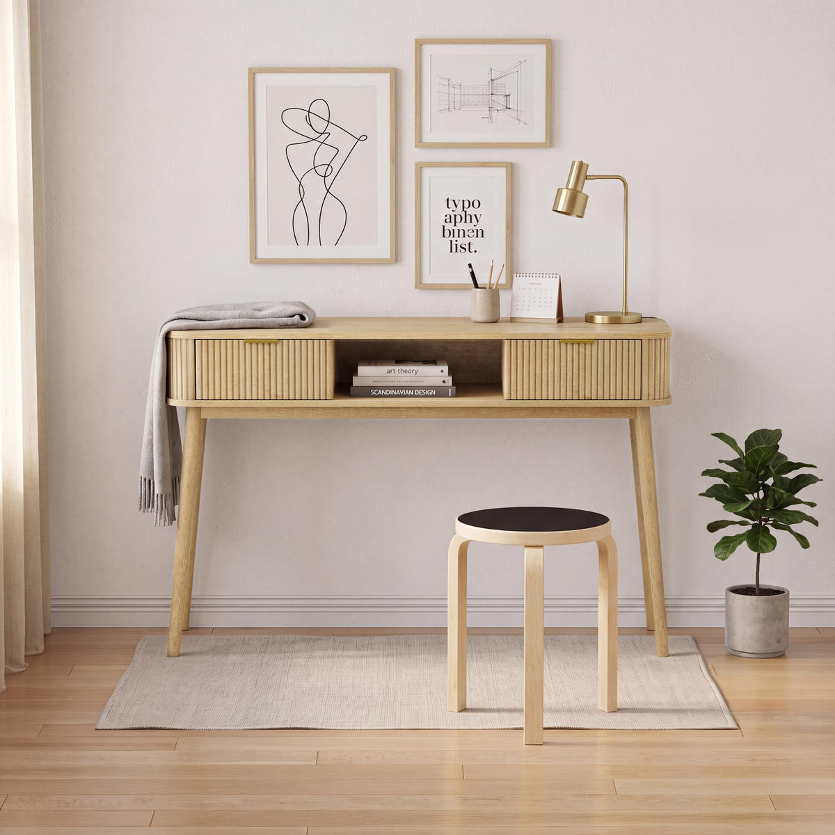KONZOLOVÝ STOLEK Mid-century se 2 zásuvkami, dubový dekor - barva dubu, kompozitní dřevo (35/120/77.6cm) - Urban Meuble
