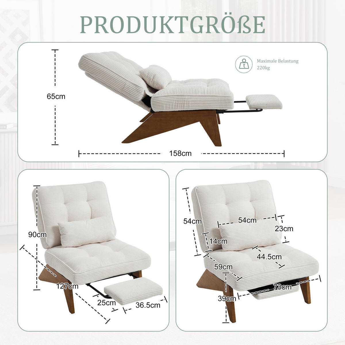 SESSEL Relaxsessel mit Fußstütze & Lendenkissen,verstellbar,Beige - Beige, Holz (73/90/59cm) - LVHOM