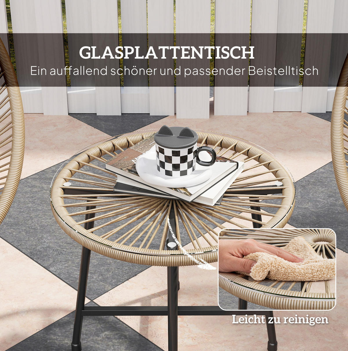 BALKONMÖBEL-SET 72/68/81 cm mit 2 Stühlen, Tisch, Glasplatte und Stahlgestell aus Rattan, Naturholz - Naturfarben, Naturmaterialien - Redom