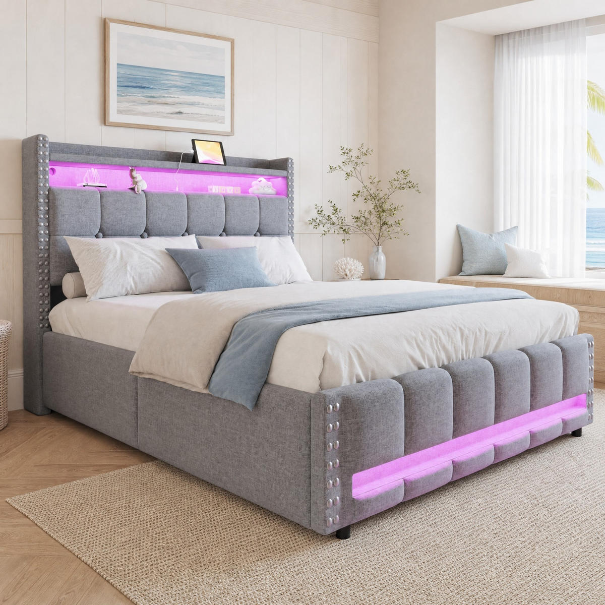 POLSTERBETT 140/200 mit LED, USB, Bettkasten, Einlegeböden und Lattenrost in Hellgrau - Hellgrau, Holzwerkstoff/Textil (140/200cm) - EVRYAE