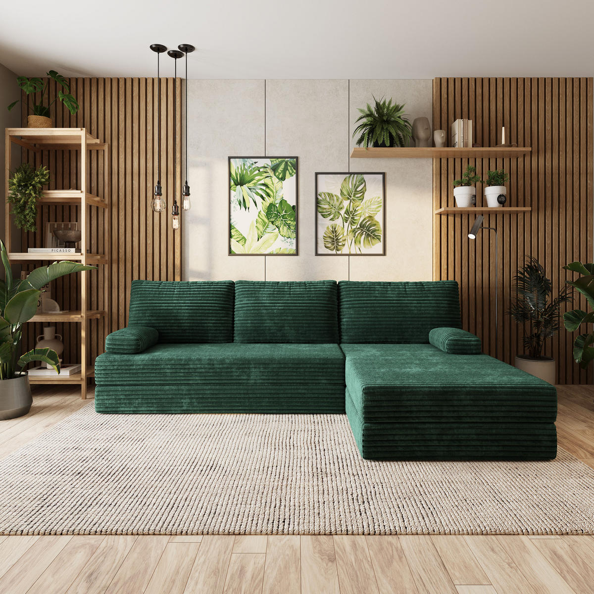 ECKSOFA ANKO modulares Boneless Sofa mit Schlaffunktion Grün Kordstoff - Grün, Textil (270/160cm) - MASSENO