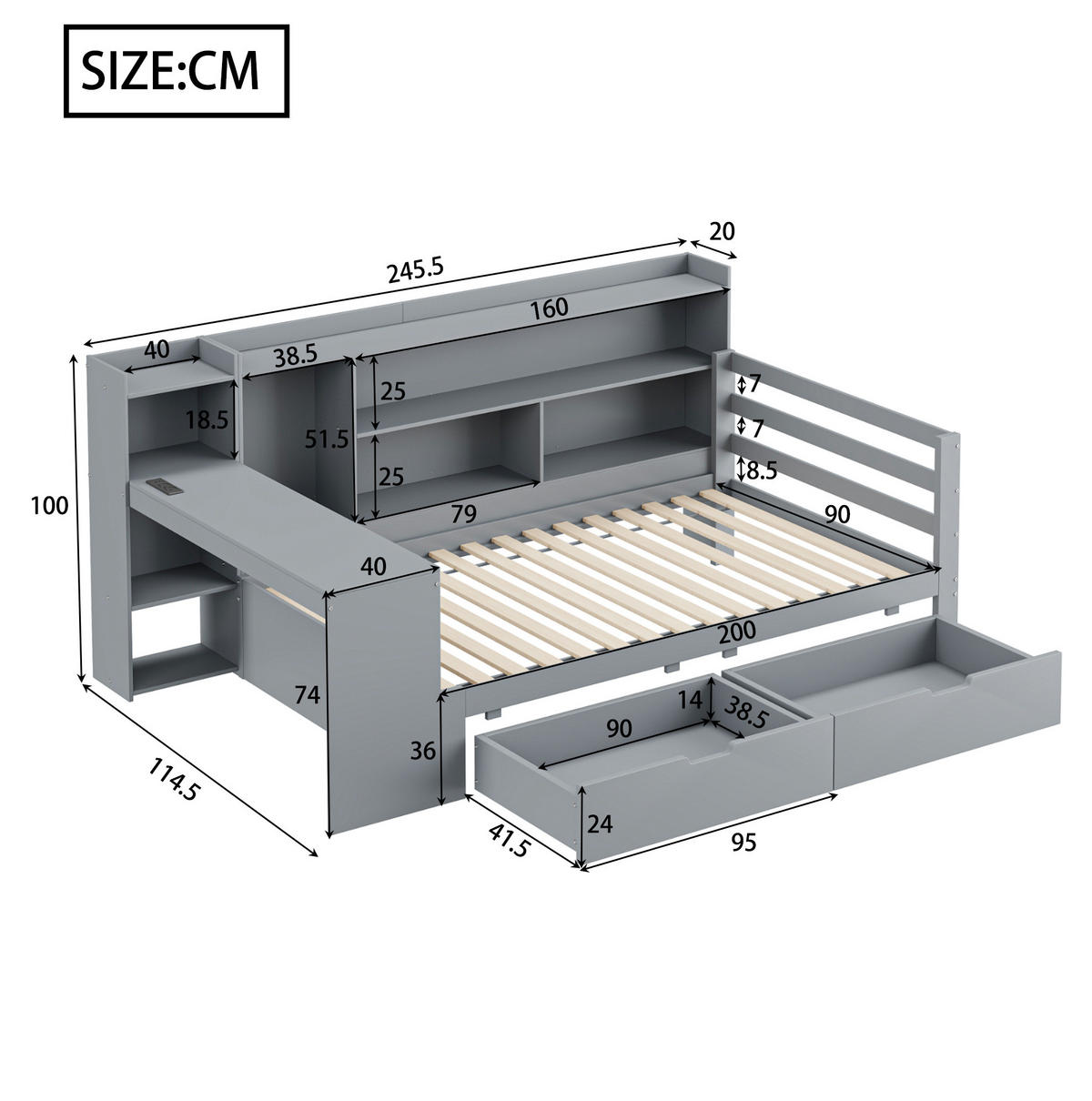 SCHLAFSOFA 90/200 cm mit Schreibtisch, Regalen, 2 Schubladen und USB-Steckdose, Grau - Grau, Holzwerkstoff (245.5/100/114.5cm) - Redom