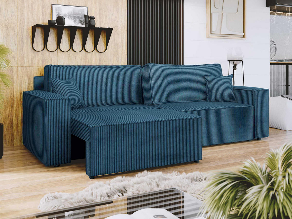 SCHLAFSOFA Karl Cord mit L-Funktion - Blau/Schwarz, Holz/Kunststoff (245/82/139cm) - MIRJAN24