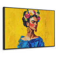 LEINWAND Bilder mit Rahmen - Frida Kahlo - Frau - Gelb - Blau - Blumen - 120x80 - Gelb, Textil (120/80cm) - MuchoWow