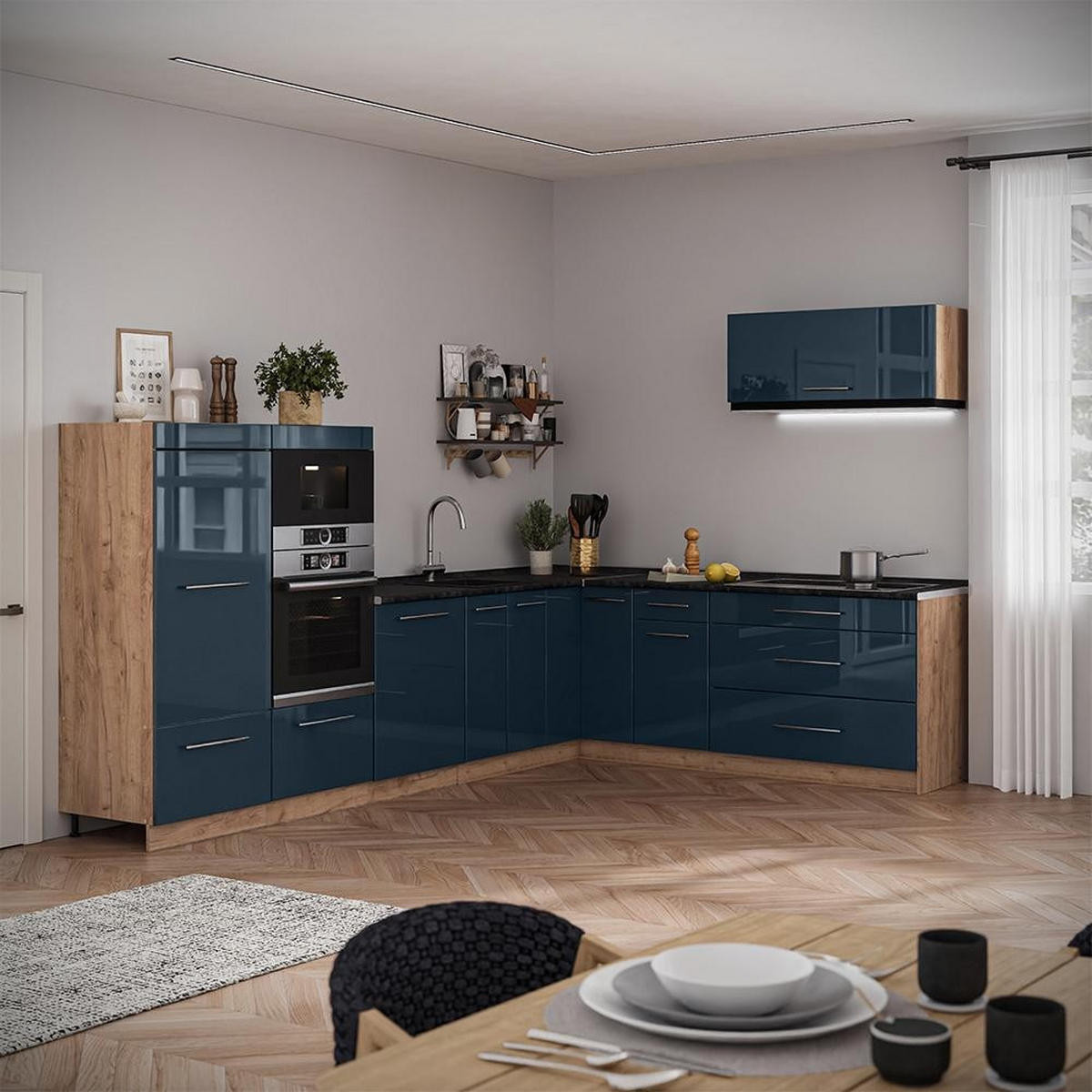 HÄNGESCHRANK Fame-Line, Dunkelblau Hochglanz/Goldkraft Eiche, 100 cm - Honigeiche/Dunkelblau, Holzwerkstoff (100/40/34.1cm) - Vicco