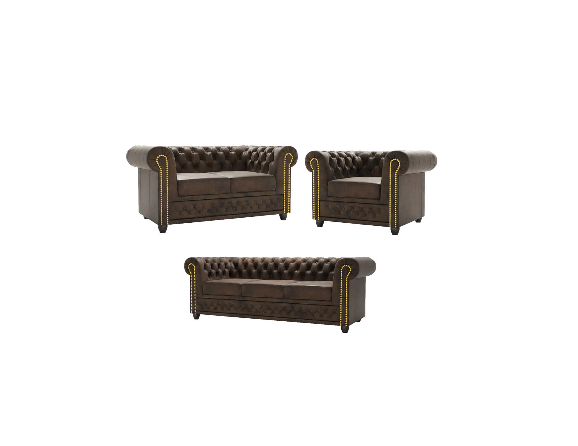 SITZGARNITUR mit Schlaffunktion 3+2+1 Chesterfield Flux Dunkelbraun Microfaser Vintageoptik - Dunkelbraun/Braun, Holz/Textil (203/72/86cm) - S-Style Möbel