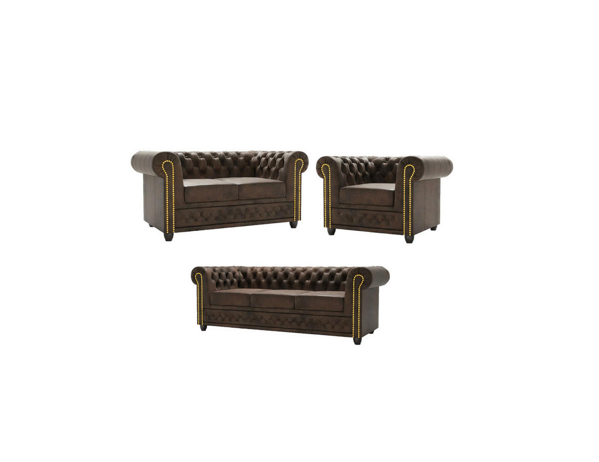 SITZGARNITUR mit Schlaffunktion 3+2+1 Chesterfield Flux Dunkelbraun Microfaser Vintageoptik - Dunkelbraun/Braun, Holz/Textil (203/72/86cm) - S-Style Möbel