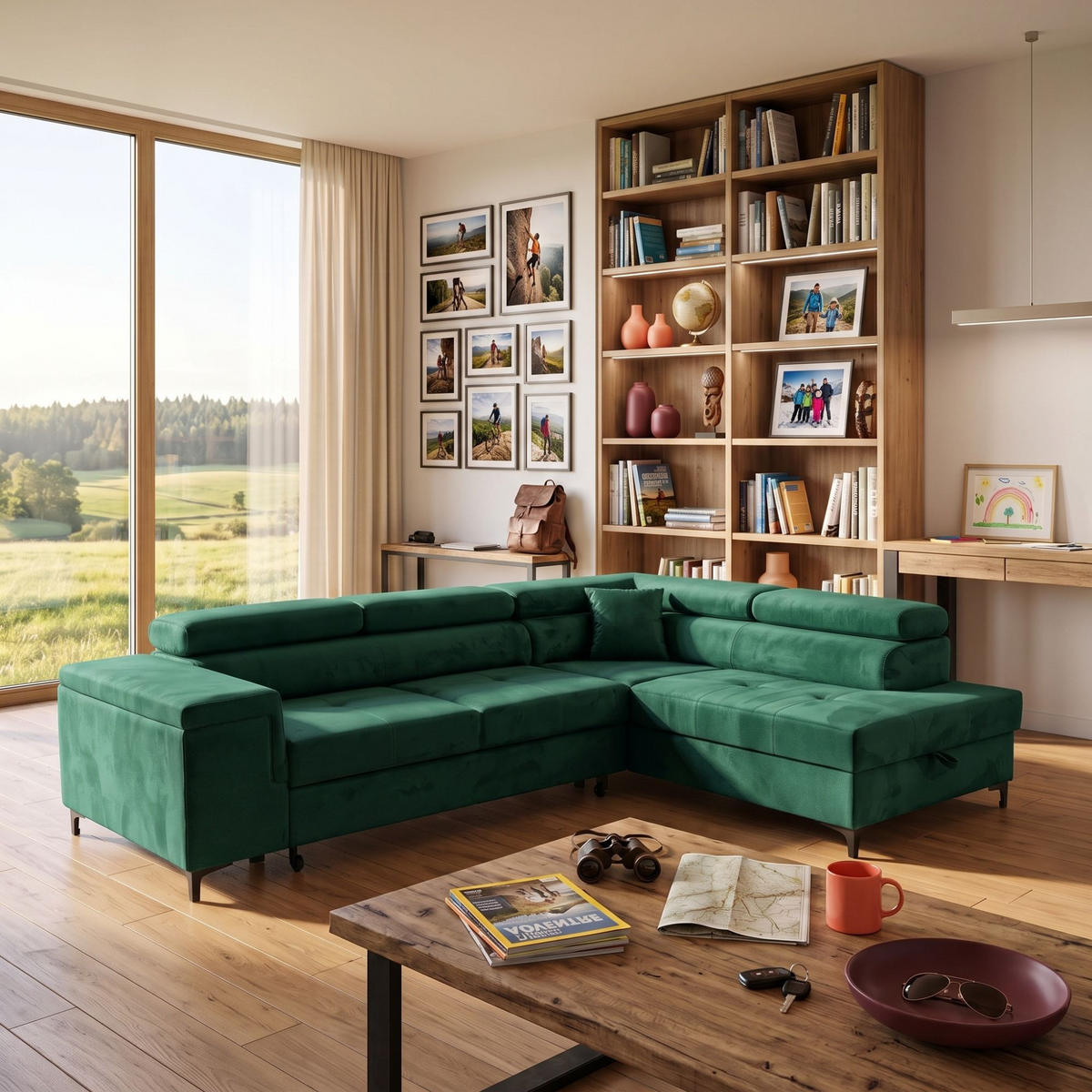 ECKSOFA WILLIAM L Rechts mit Schlaffunktion 127x195 Velours Grün - Silberfarben/Grün, Holz/Textil (203/275cm) - Muffo