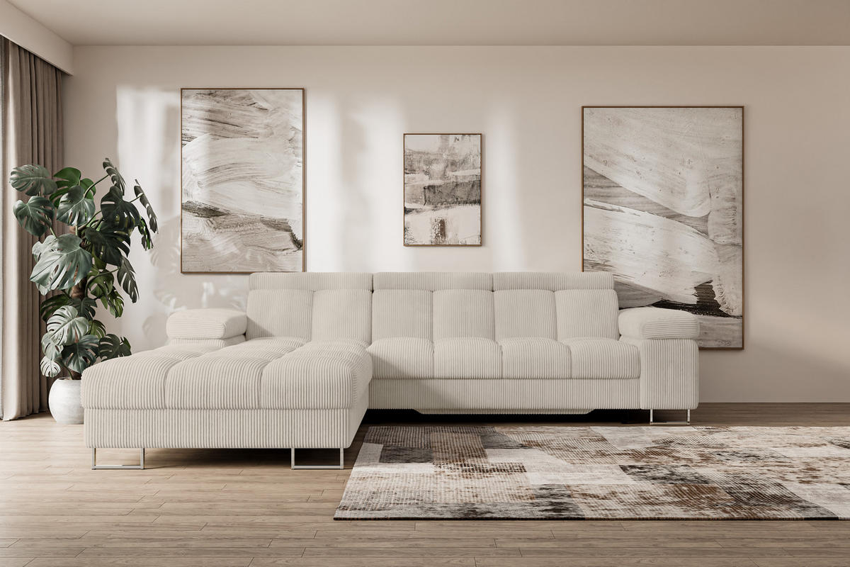 ECKSOFA mit Schlaffunktion Ottomane Links COMA L 271x203x79 Beige Cord - Beige, Holzwerkstoff/Textil (271/203cm) - ALTDECOR