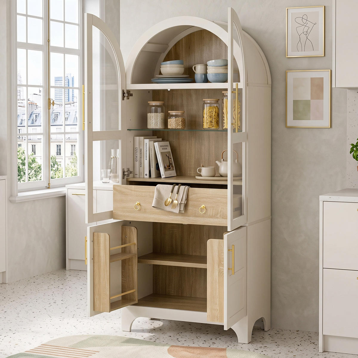 HIGHBOARD mit Riffelglas & Schubladen 180cm - Weiß, Holzwerkstoff (76/180/40cm) - Urban Meuble