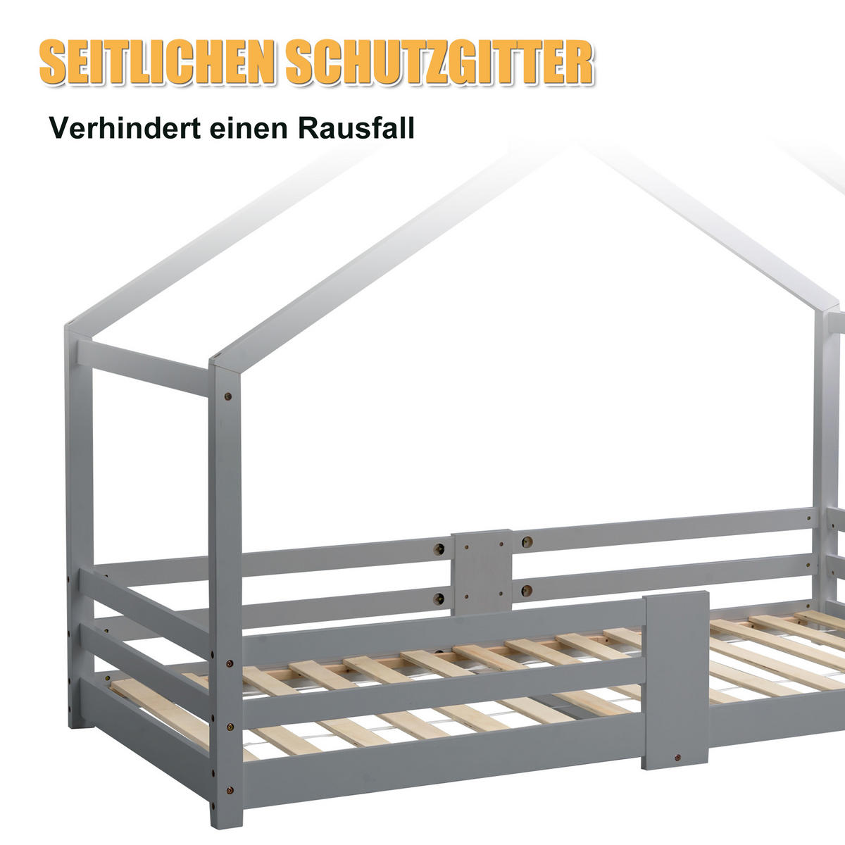 HAUSBETT 90/200 cm in Grau mit Rausfallschutz und Schornstein - Grau, Holz (90/200cm) - WISHDOR