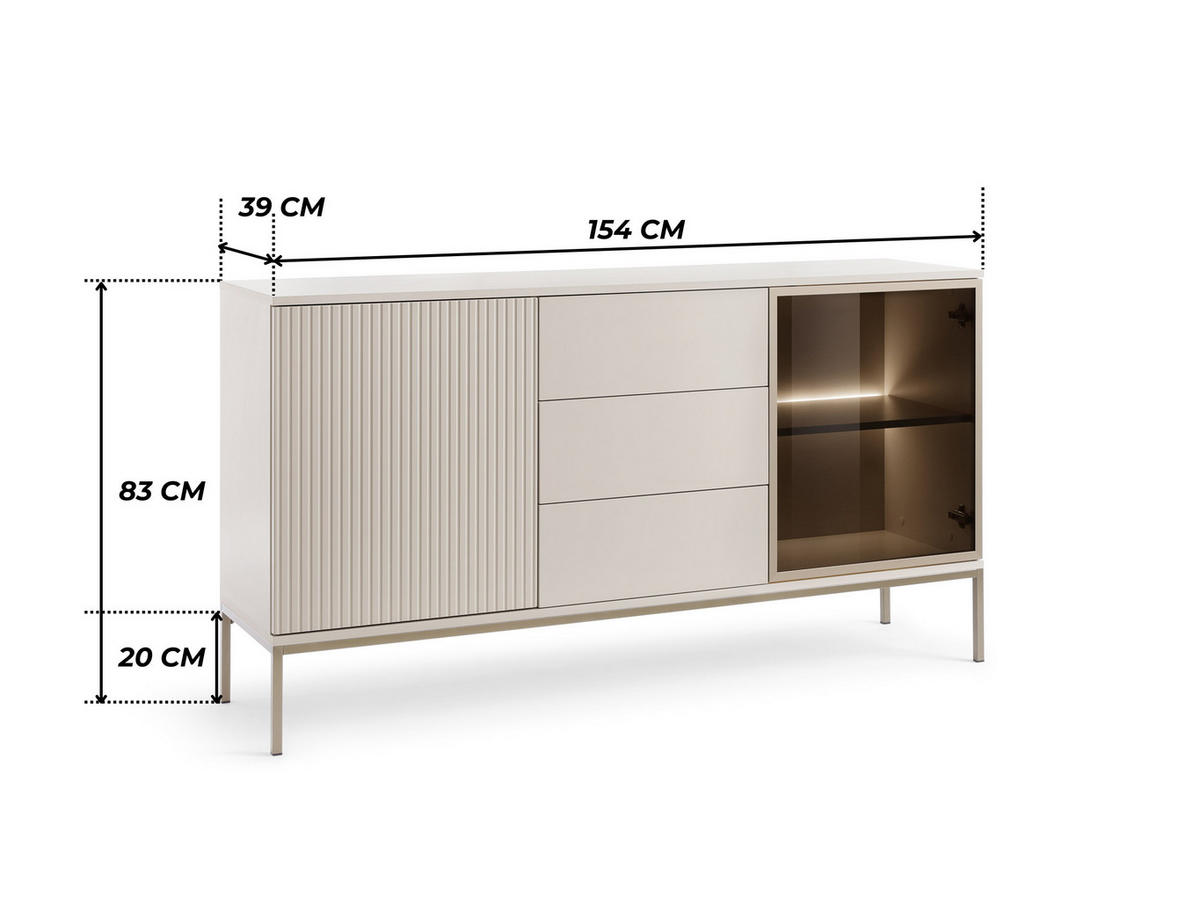 MODERNE Geriffelte Kommode LAGOS K2D3SZ (Kaschmir Matt, LED, Champagner Gestell, Push to Open) - Kaschmir/Champagner, Glas/Holz (154/83/39cm) - Ravio