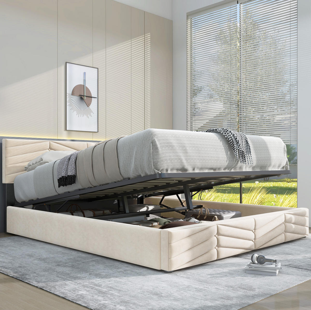 POLSTERBETT 140/200 cm Beige aus Samt mit höhenverstellbarem Kopfteil - Beige, Textil (140/200cm) - OKMYHOME