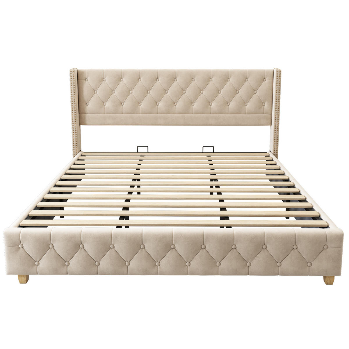 POLSTERBETT 180/200 cm aus Samt in Hellbeige mit Knopfheftung - Beige, Textil (180/200cm) - Flora Grace