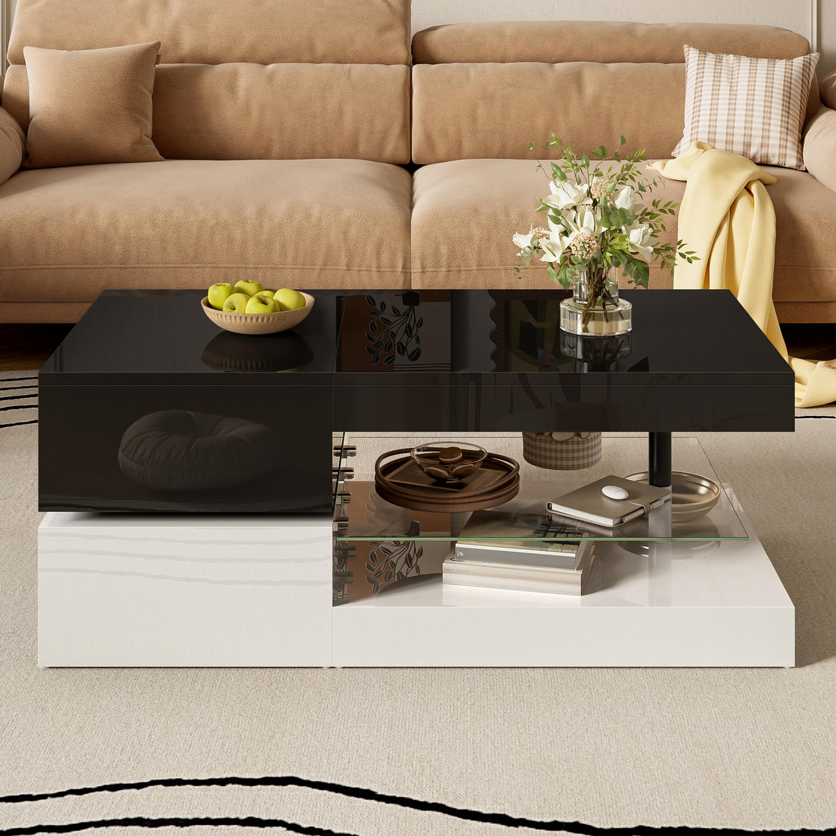 COUCHTISCH 90/45/35,5 cm Schwarz-Weiß mit LED-Beleuchtung und Bluetooth-Steuerung - Schwarz, Holzwerkstoff (90/45/35.5cm) - OKWISH