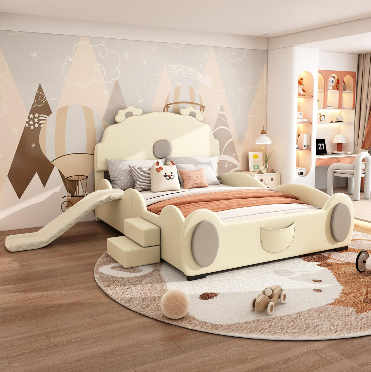 KINDERBETT aus PU 140x200 cm in Beige mit Rutsche & Leiter - Beige, Kunststoff (140/200cm) - Modfu