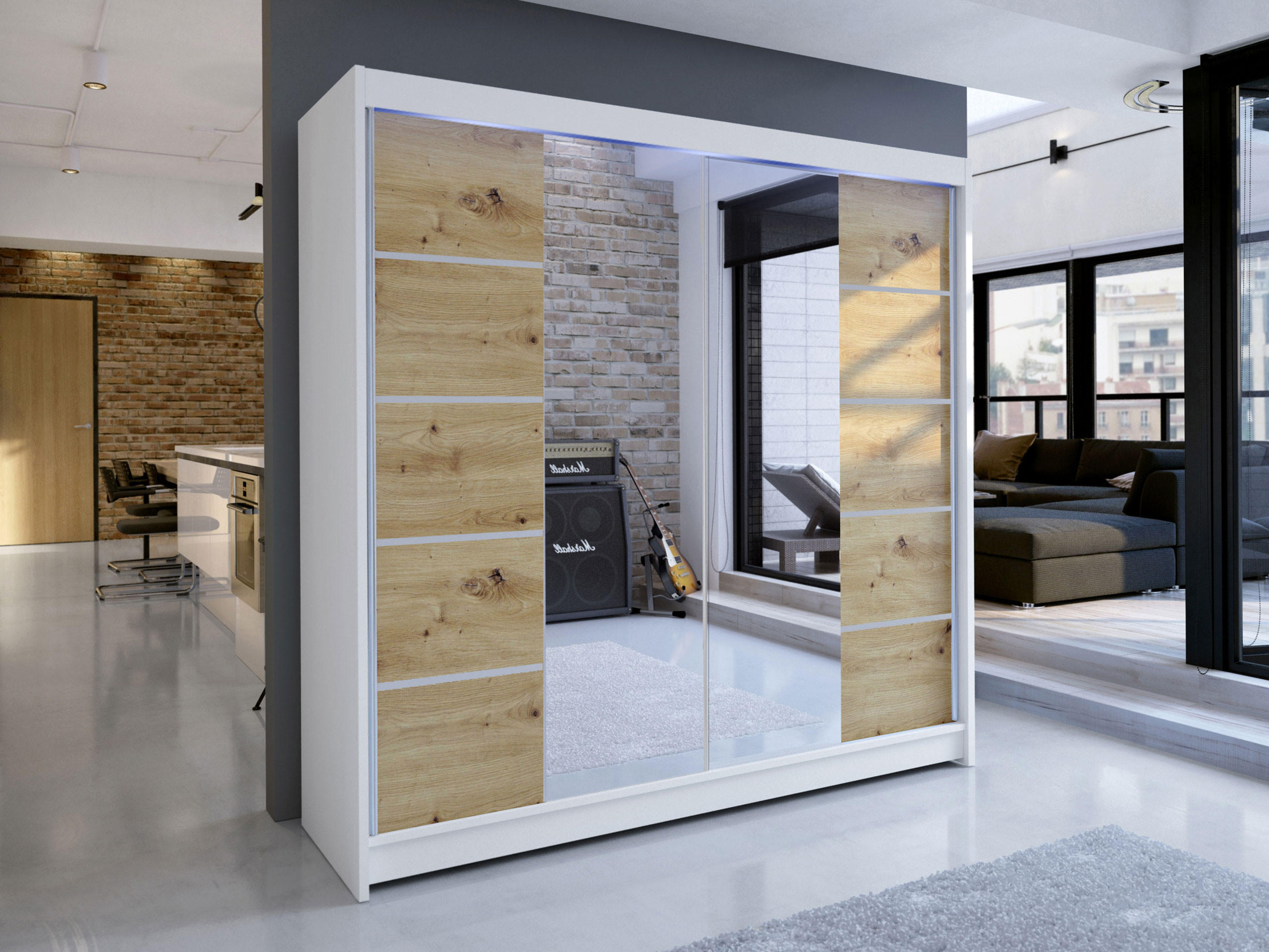 SCHWEBETÜRENSCHRANK Talin V, mit RGB LED Beleuchtung - Silberfarben/Eiche Artisan, Holzwerkstoff/Metall (180/215/58cm) - MIRJAN24