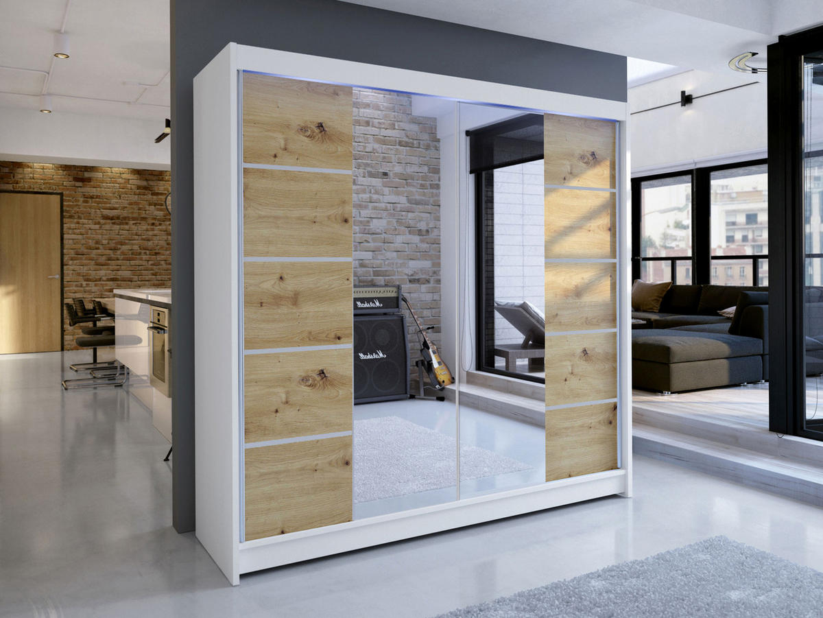 SCHWEBETÜRENSCHRANK Talin V, mit RGB LED Beleuchtung - Silberfarben/Eiche Artisan, Holzwerkstoff/Metall (180/215/58cm) - MIRJAN24