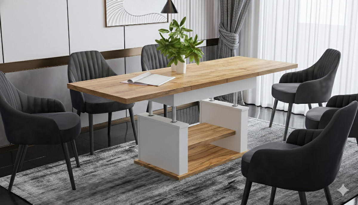 COUCHTISCH rechteckig Eiche Gold - Weiß matt ausziehbar höhenverstellbar - Eichefarben/Weiß, Holzwerkstoff (70/120/60cm) - designimpex