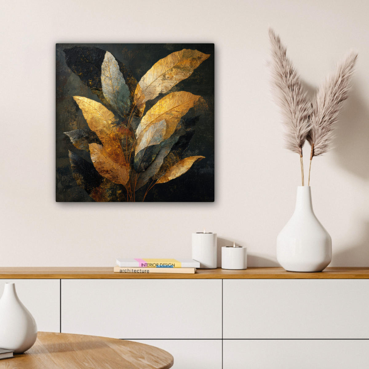 LEINWANDBILD Golden Leaf Komposition - Botanical Luxury Wandbild Wohnzimmer 50x50 cm - Goldfarben/Schwarz, Textil (50/50cm) - MuchoWow