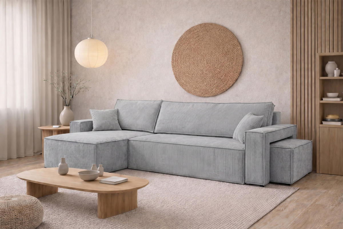 ECKSOFA Mit Schlaffunktion Und Pouf, Cordstoff Poso, Hellgrau, Links, Best L Mit Pouf - Hellgrau, Holz (244/145cm) - Kaiser Möbel