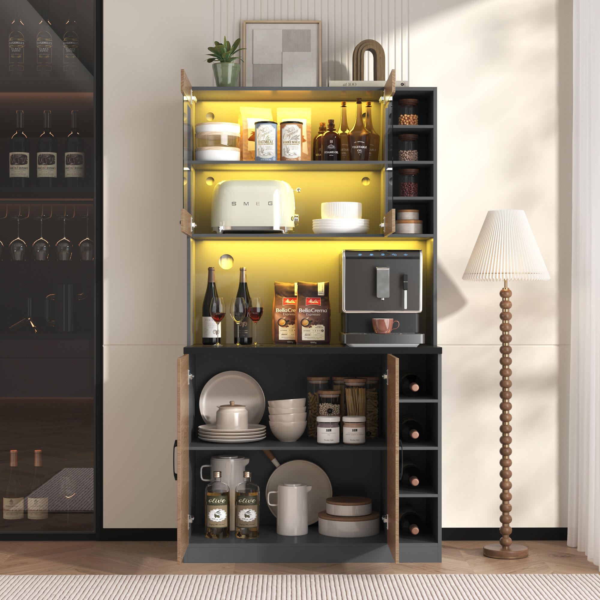 KÜCHENSCHRANK in Holz- und Schwarz-Optik mit LED - Schwarz, Holzwerkstoff (47/187/100cm) - Urban Meuble