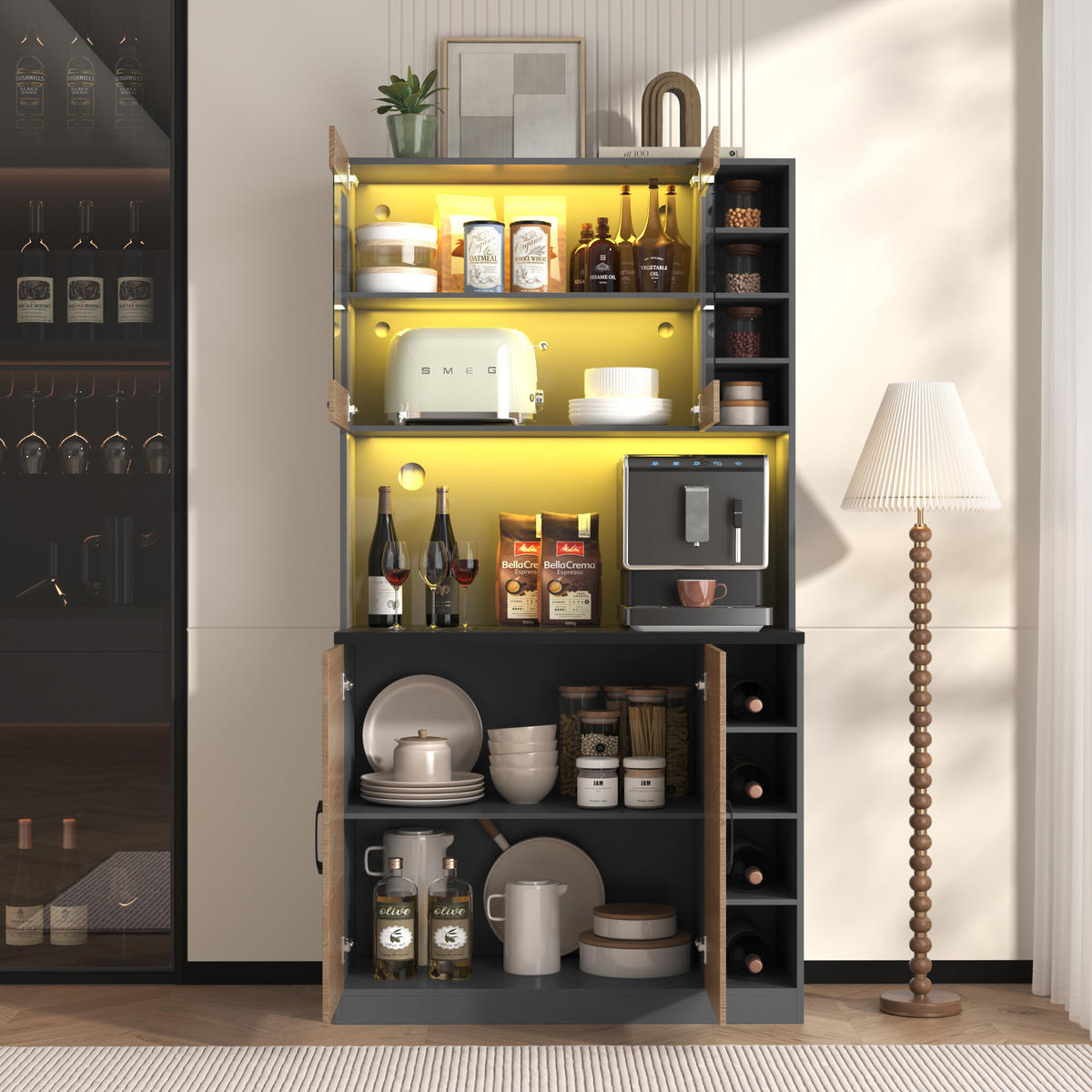 KÜCHENSCHRANK in Holz- und Schwarz-Optik mit LED - Schwarz, Holzwerkstoff (47/187/100cm) - Urban Meuble