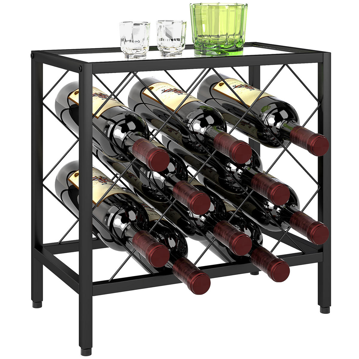 WEINREGAL, schwarzer Stahl, 10 Flaschen, Glasplatte, 41x22x41cm - Multicolor, Metall (41/41/22cm) - FORIOUS