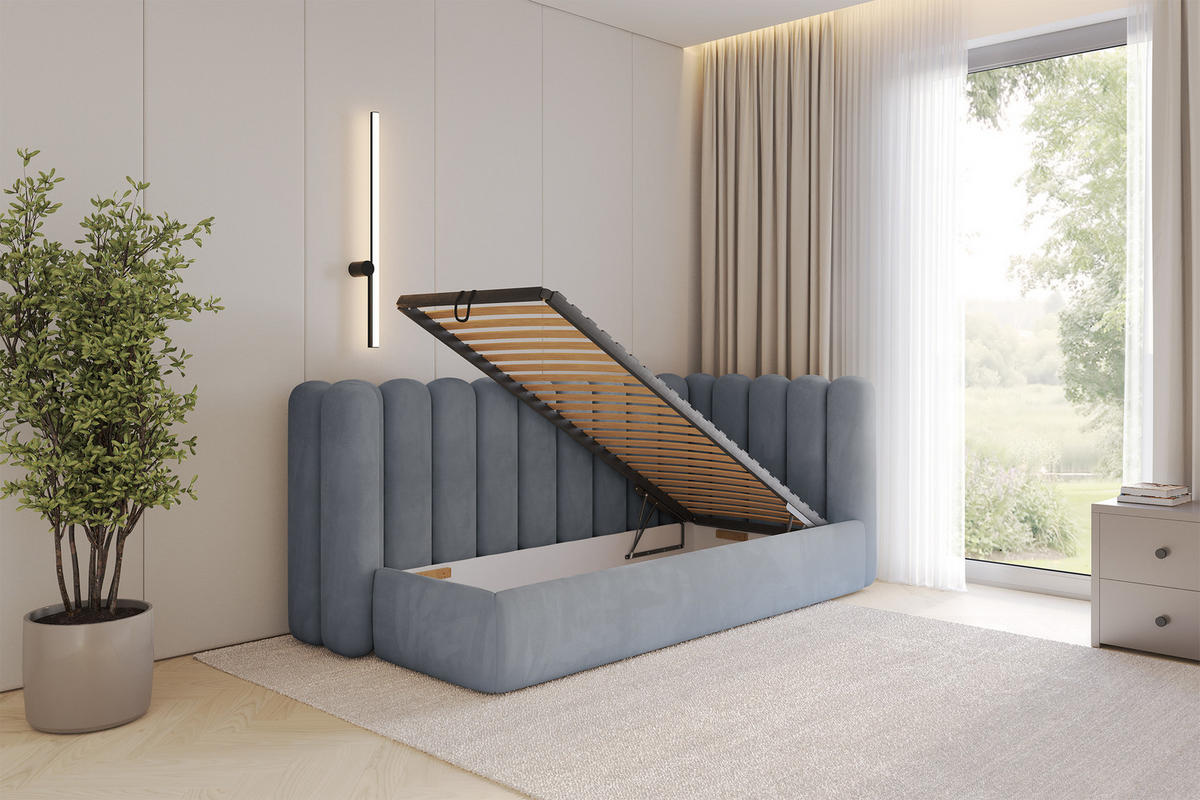EINZELLBETT Jugendbett mit Bettkasten und Matratze H3/H4, Links - HUGY 100x200 Grau - Grau, Holzwerkstoff/Textil (100/200cm) - ALTDECOR
