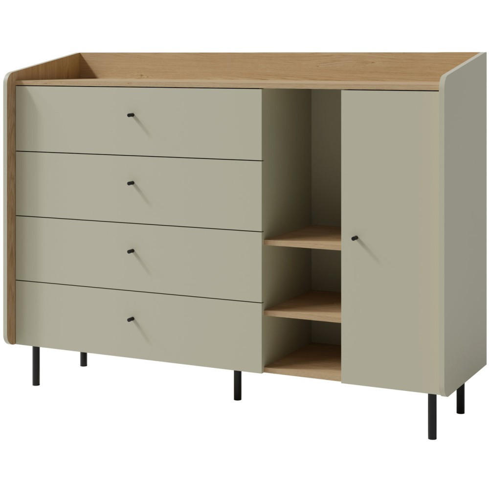 KOMMODE Alex mit 1 Tür und 4 Schubladen, Eukalyptus - Eukalyptusholzfarben/Schwarz, Holzwerkstoff (155/115/42cm) - Beautysofa