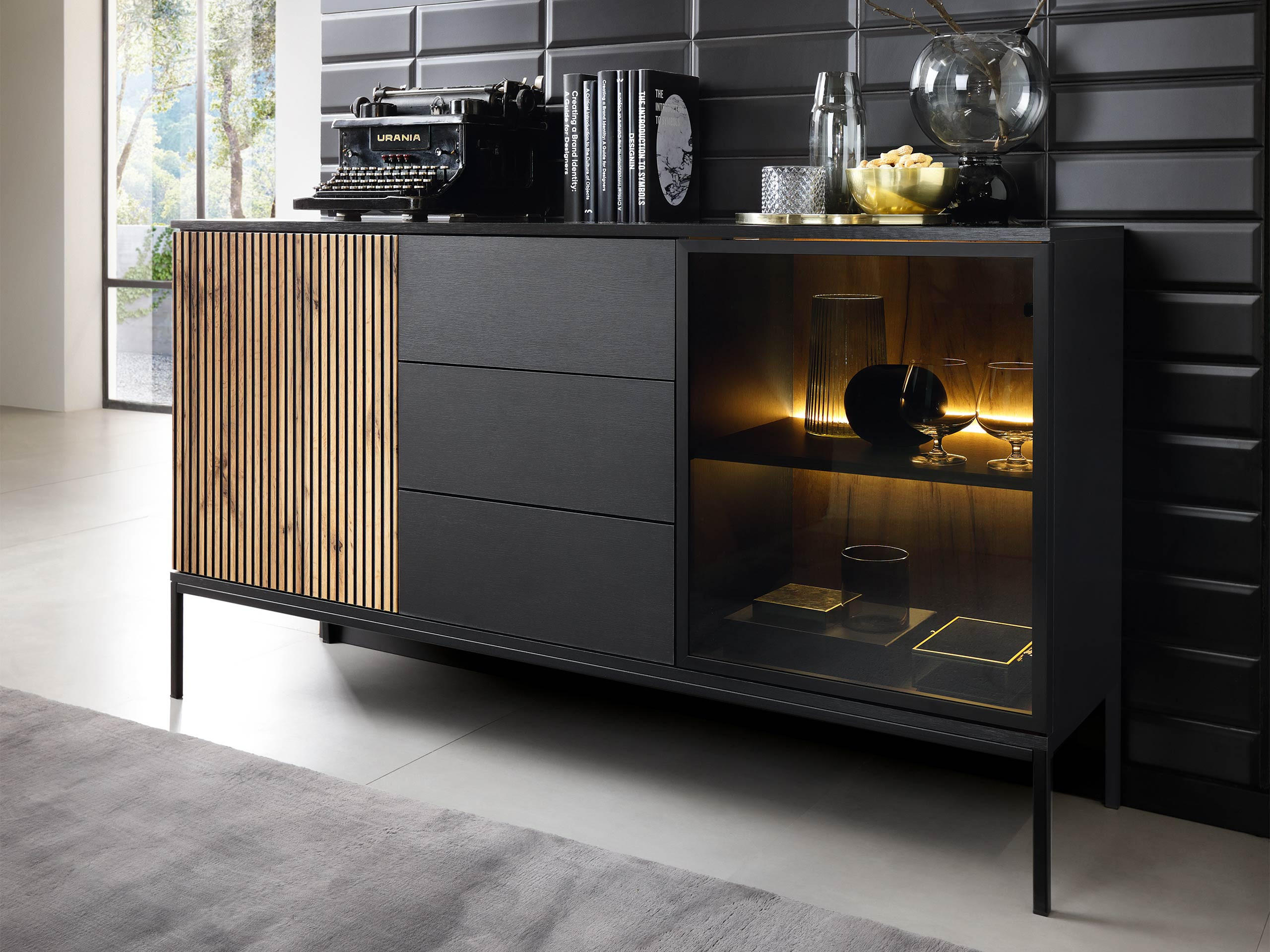 SIDEBOARD Sento KSZ154 - Eiche Wotan/Schwarz, Holzwerkstoff/Metall (154/83/39cm) - MIRJAN24