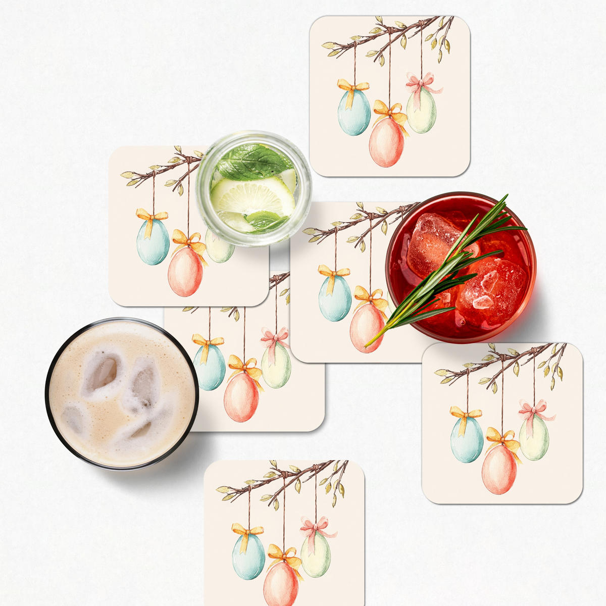 GLASUNTERSETZER 6er-Set Osterkuchen - Schleife - Eier 10x10 cm - Creme, Naturmaterialien (10/0.2cm) - MuchoWow