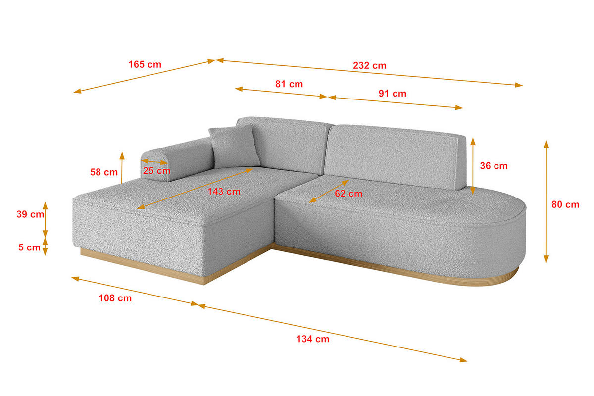 ECKSOFA Ottomane Links IREA-L1-v2 - 232x165x80 cm Hellgrau - Hellgrau, Holzwerkstoff/Textil (232/165cm) - ALTDECOR