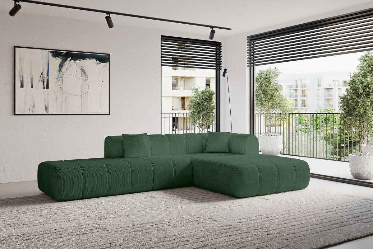 ECKSOFA Ottomane Rechts BILA-L 289x176x71 Grün Cord - Waldgrün/Schwarz, Holzwerkstoff/Kunststoff (289/176cm) - ALTDECOR