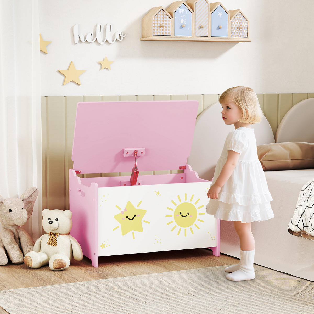 SPIELZEUGTRUHE DE-17257 mit Sicherheitsdeckel & Gasdruckdämpfer Rosa - Pink, Holzwerkstoff (37/60cm) - ComfortXL